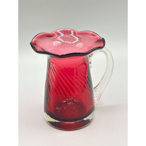 Midcentury Modern Hand Blown Cranberry Glass Miniature Flower Pitcher Vase - Picture 5 of 8